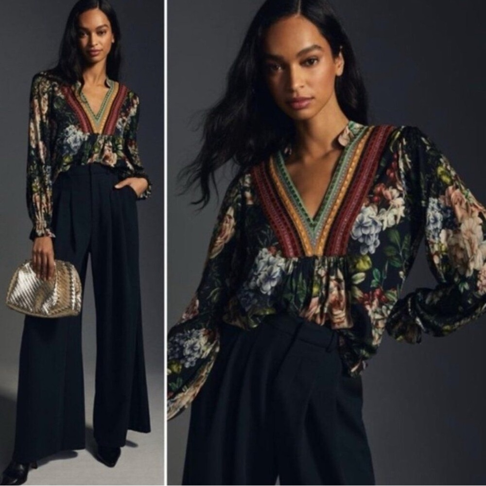 Bl^nk London Anthropologie Stephanie Dark Floral Embroidered V-Neck Top